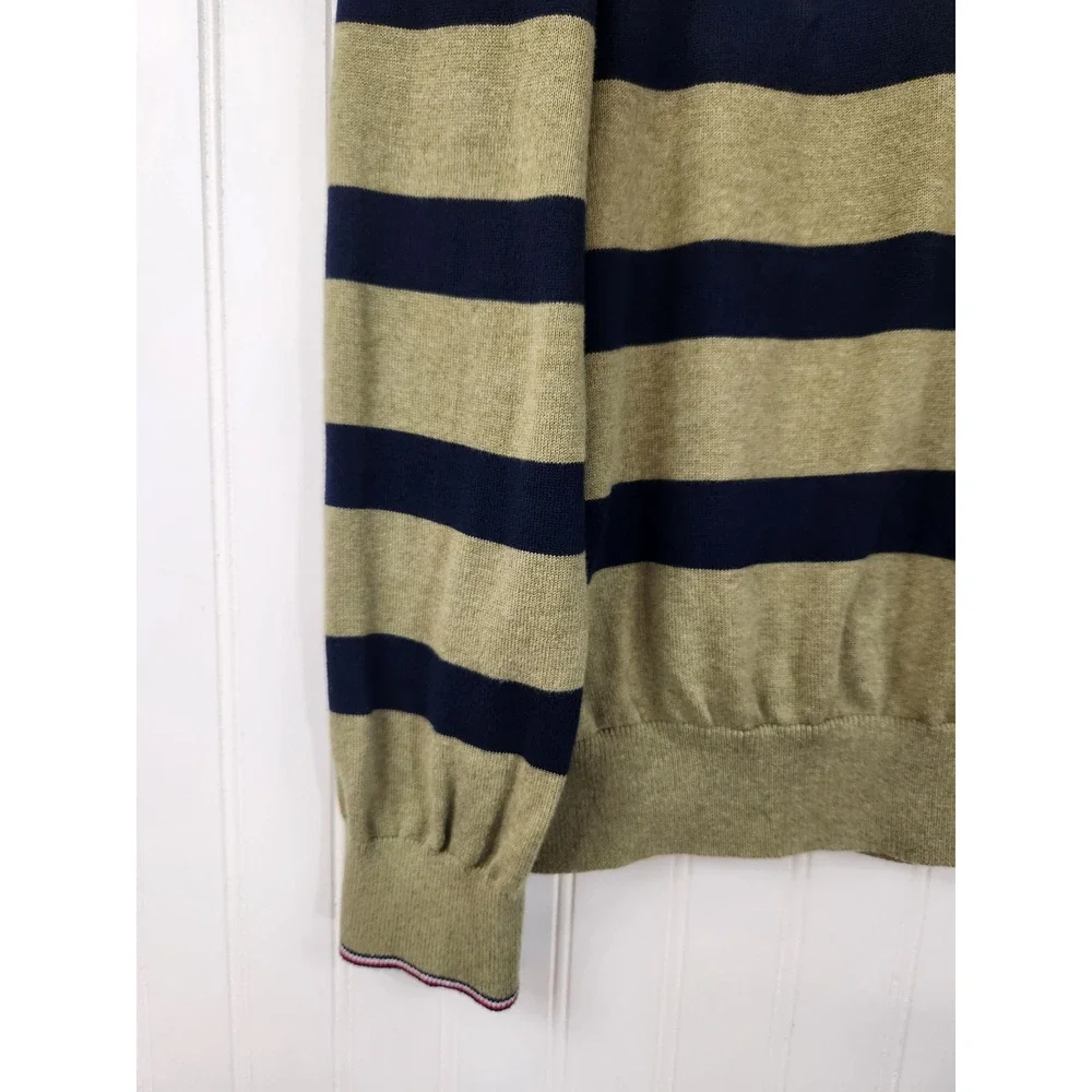 Tommy Hilfiger Mens Striped Crewneck Sweater Olive Green Cotton Large Preppy
